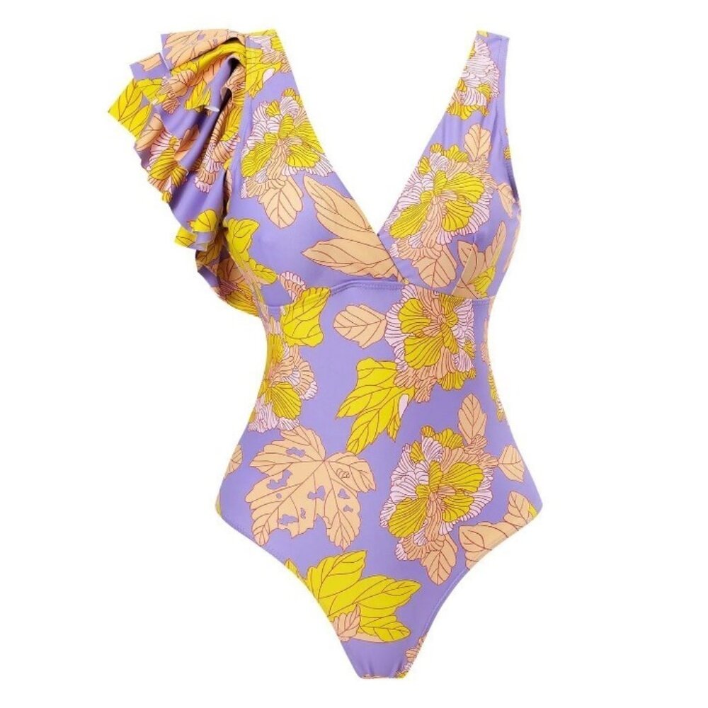 Womens Flower Printed High Waist One Piece Purple Swimsuit Size Medium NWT